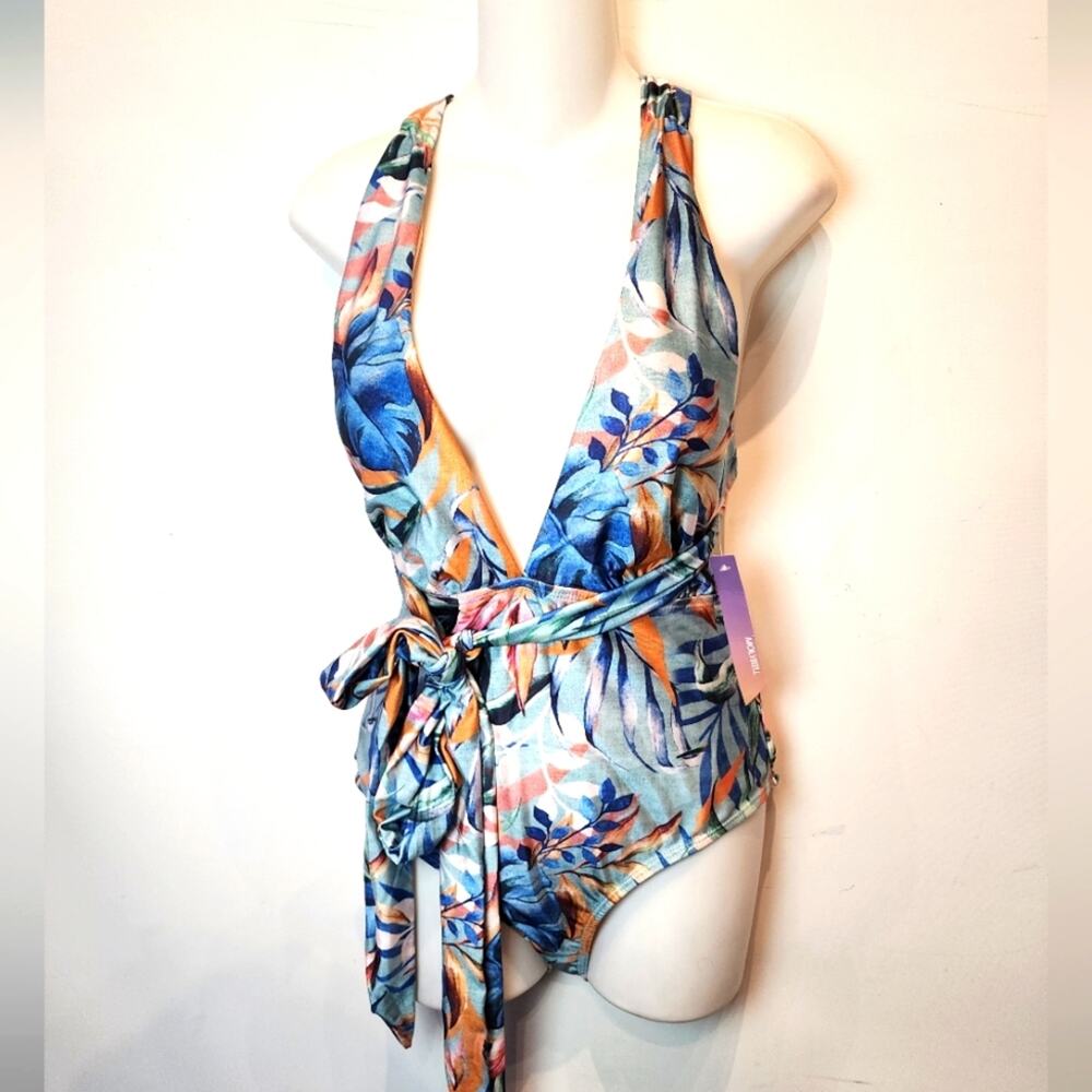 New Tropical One Piece Swimsuit Plunge Neck Tie Waist 576 Hawaiian Style M